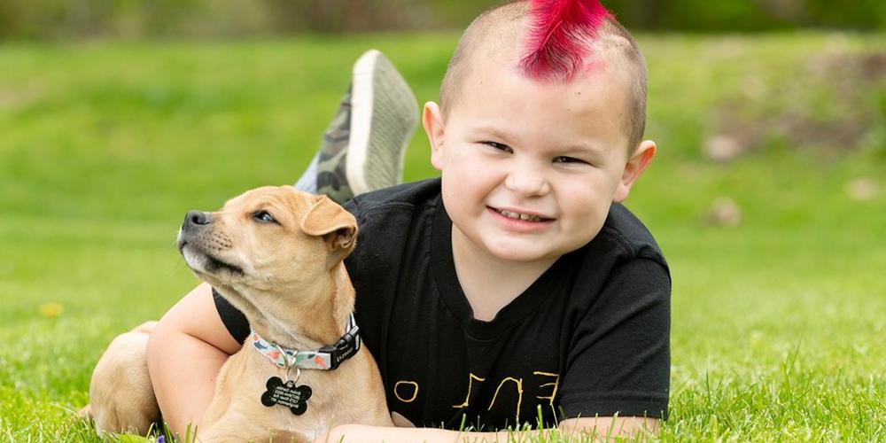 今年5岁的恩佐·詹蒂莱穿着一件印有“恩佐·斯特朗”字样的衬衫和他的小狗坦克玩耍. (图片来源:Robert Mescavage)